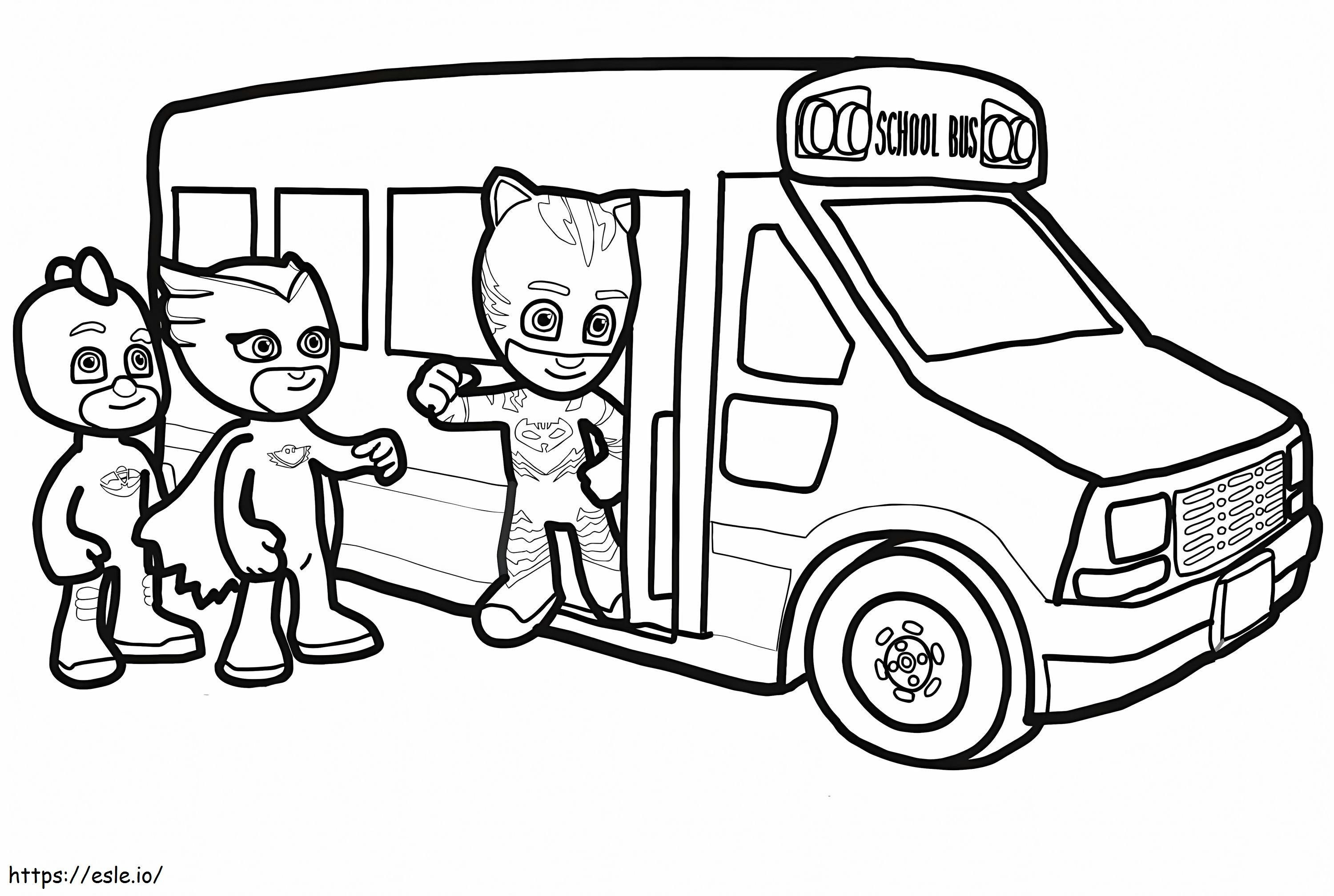 PJ Masks van en el autobús escolar para colorear