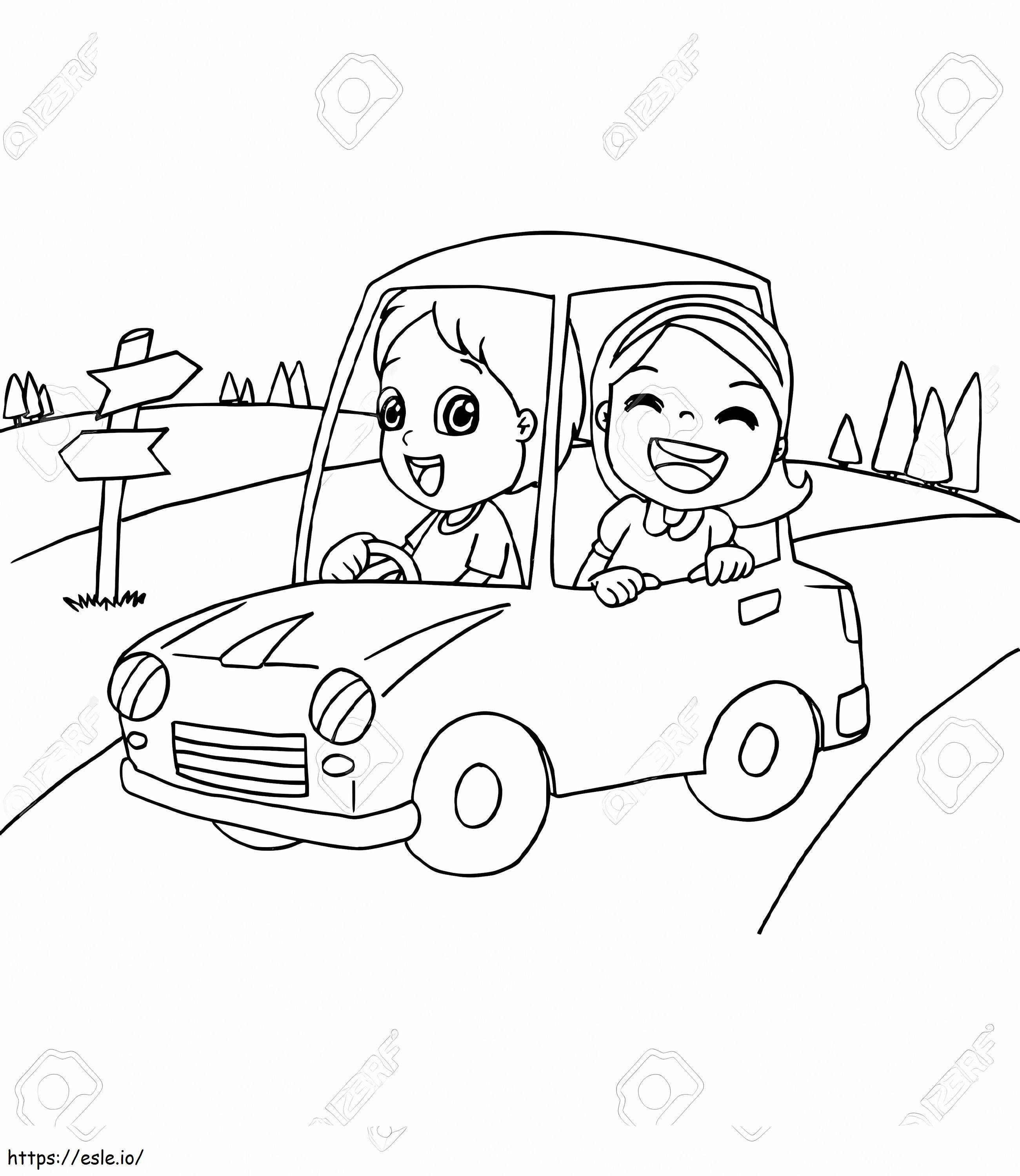 83072559 Imagen de un niño pequeño y un amigo conduciendo un vector de coche de juguete para colorear
