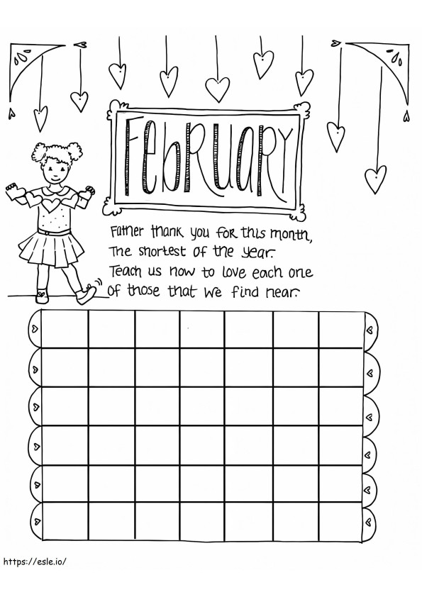 Calendário Infantil de Fevereiro para colorir