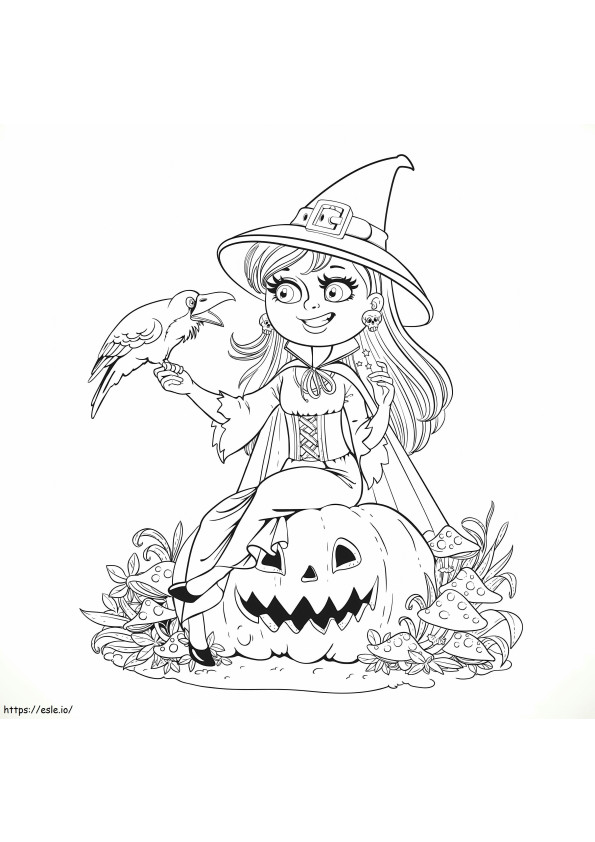 Witch Girl Sitting And Crow coloring page