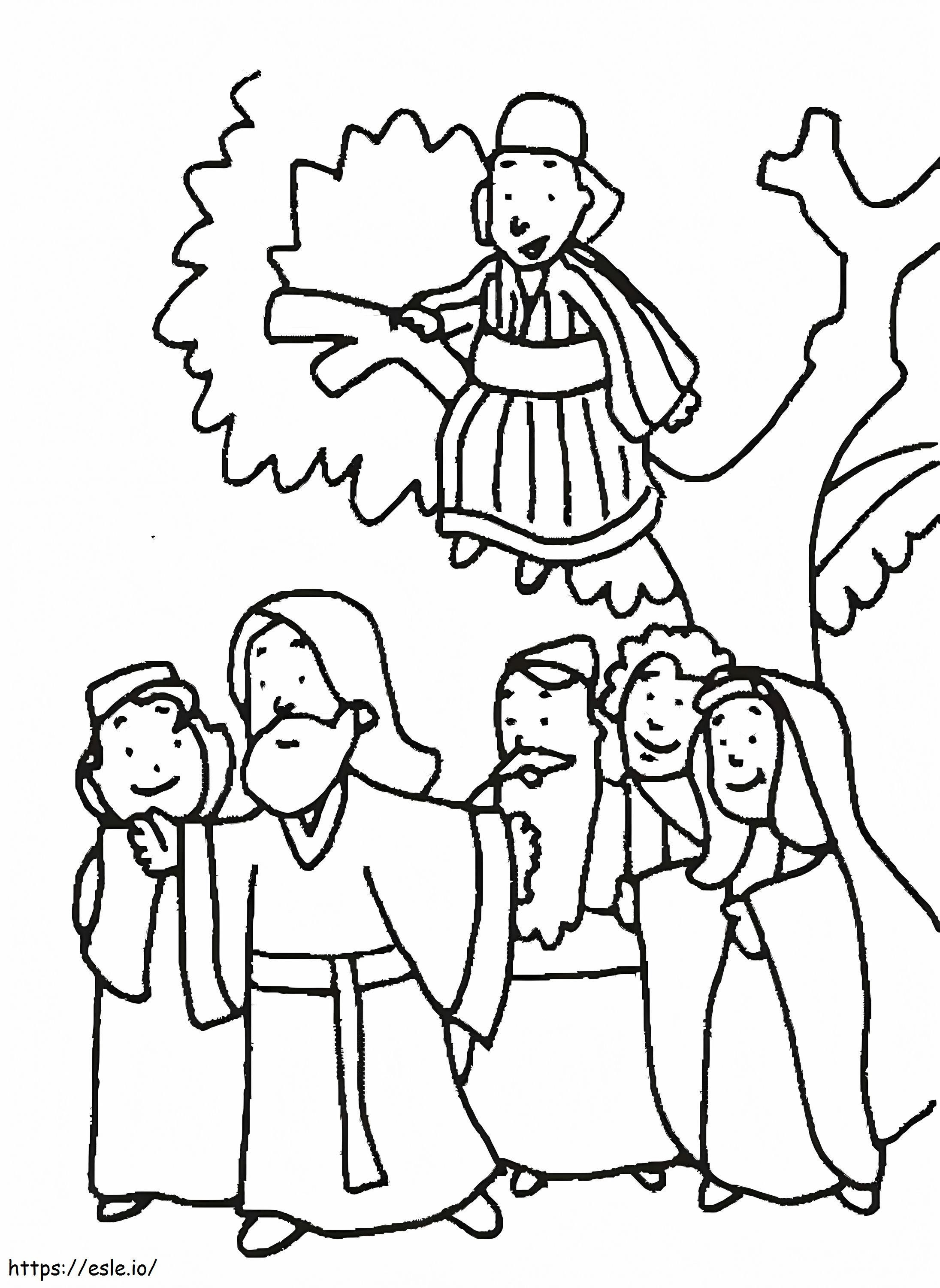 Sakkeus puussa ja piirros Jeesuksesta värityskuva