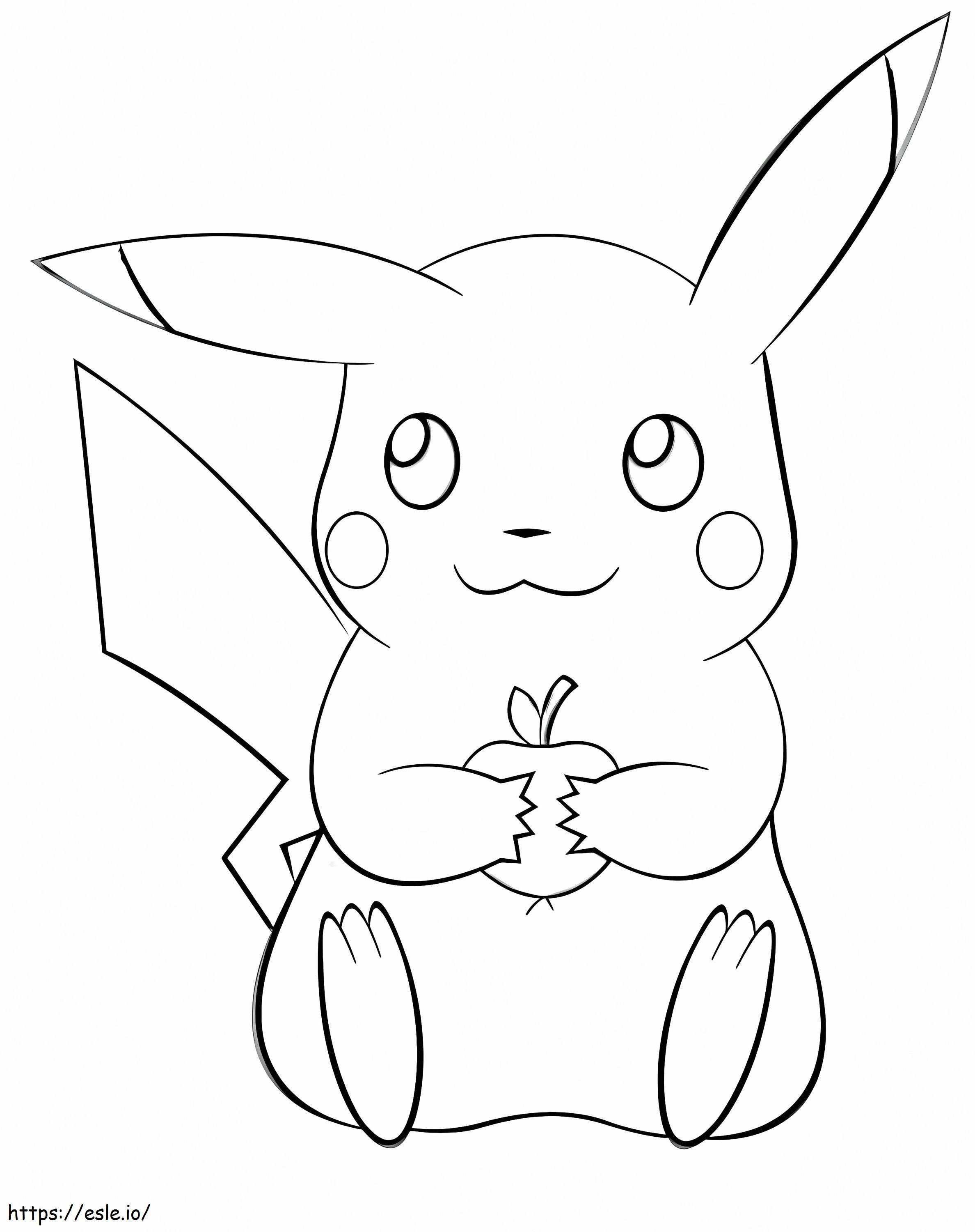 Coloriage Pikachu avec une pomme à imprimer dessin