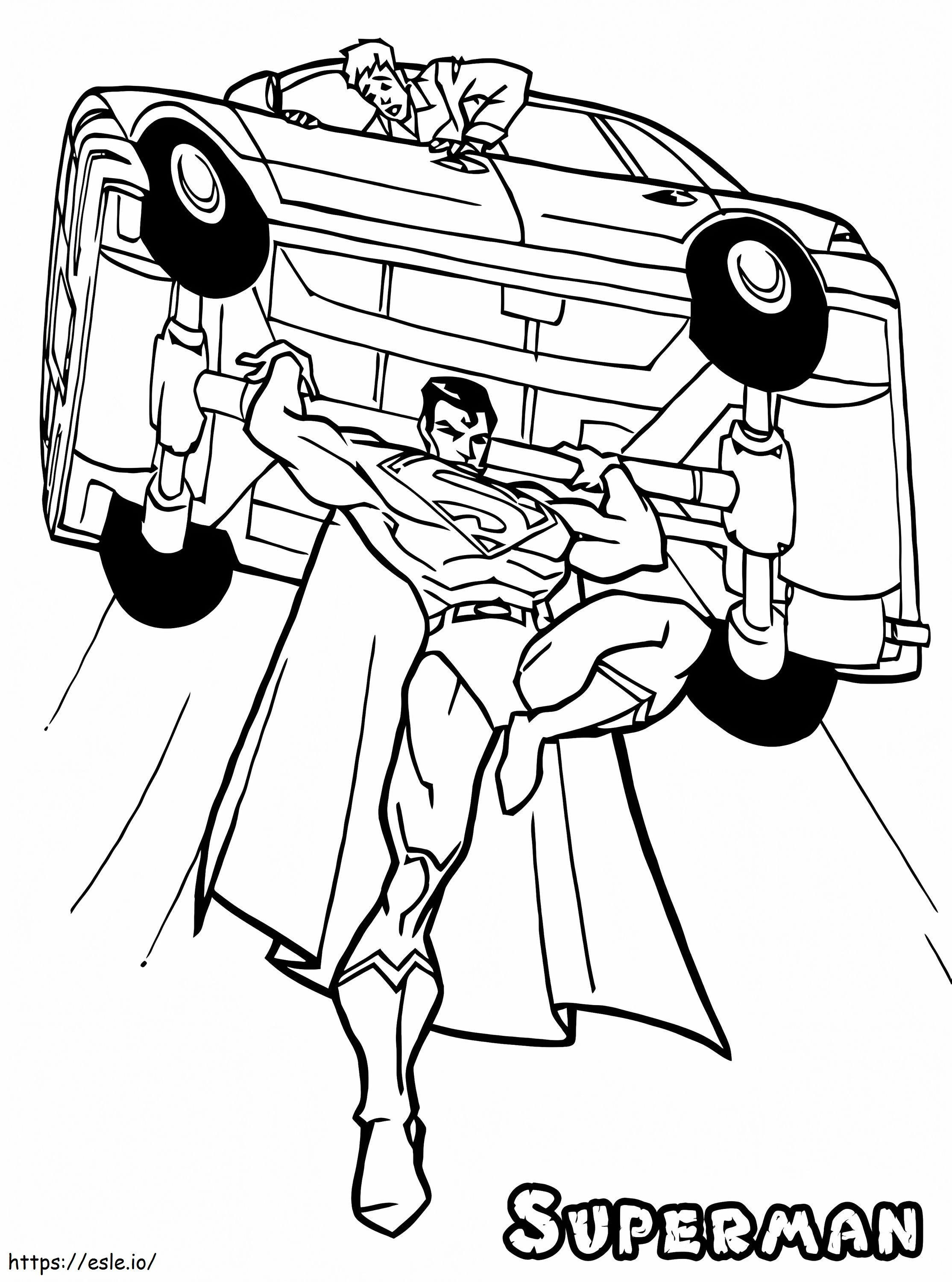 Superman sosteniendo un auto para colorear