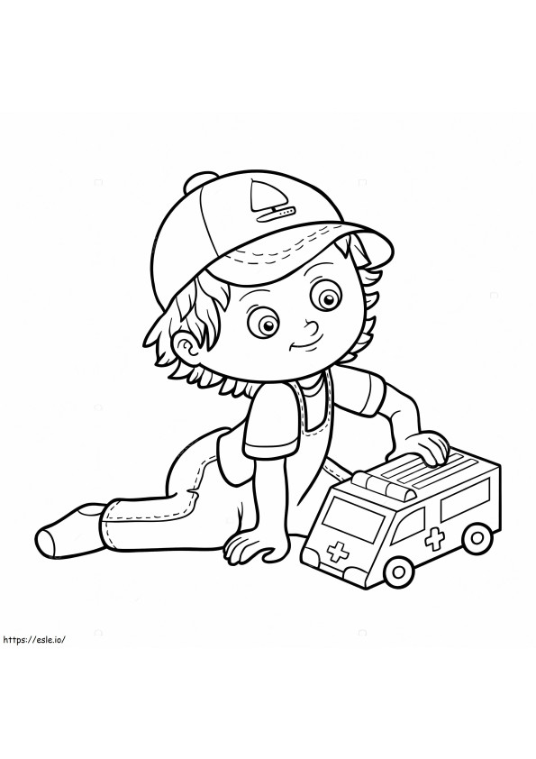 Boy Playing With Ambulance coloring page