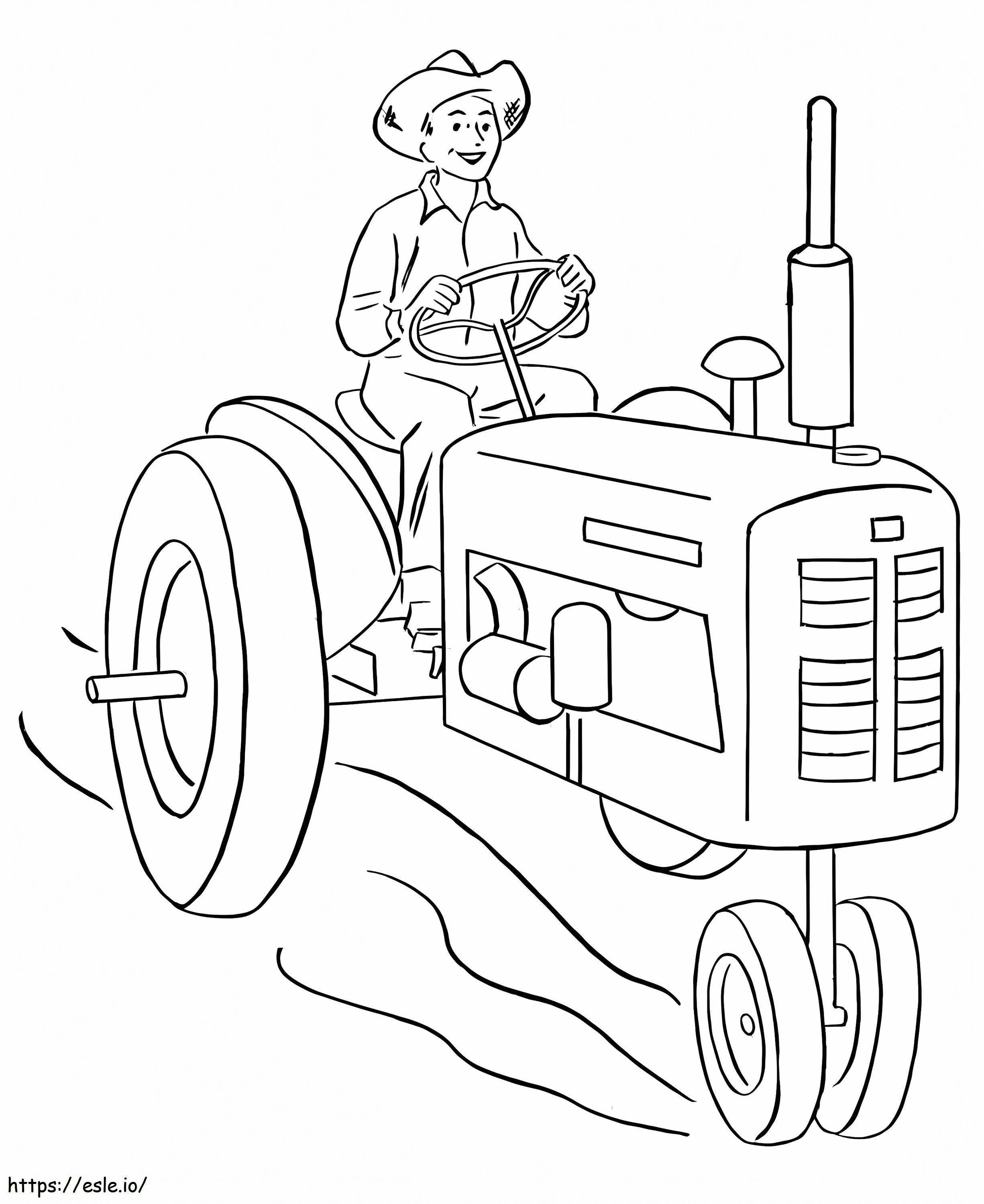 Viljelijä istuu traktorilla maatilalla värityskuva