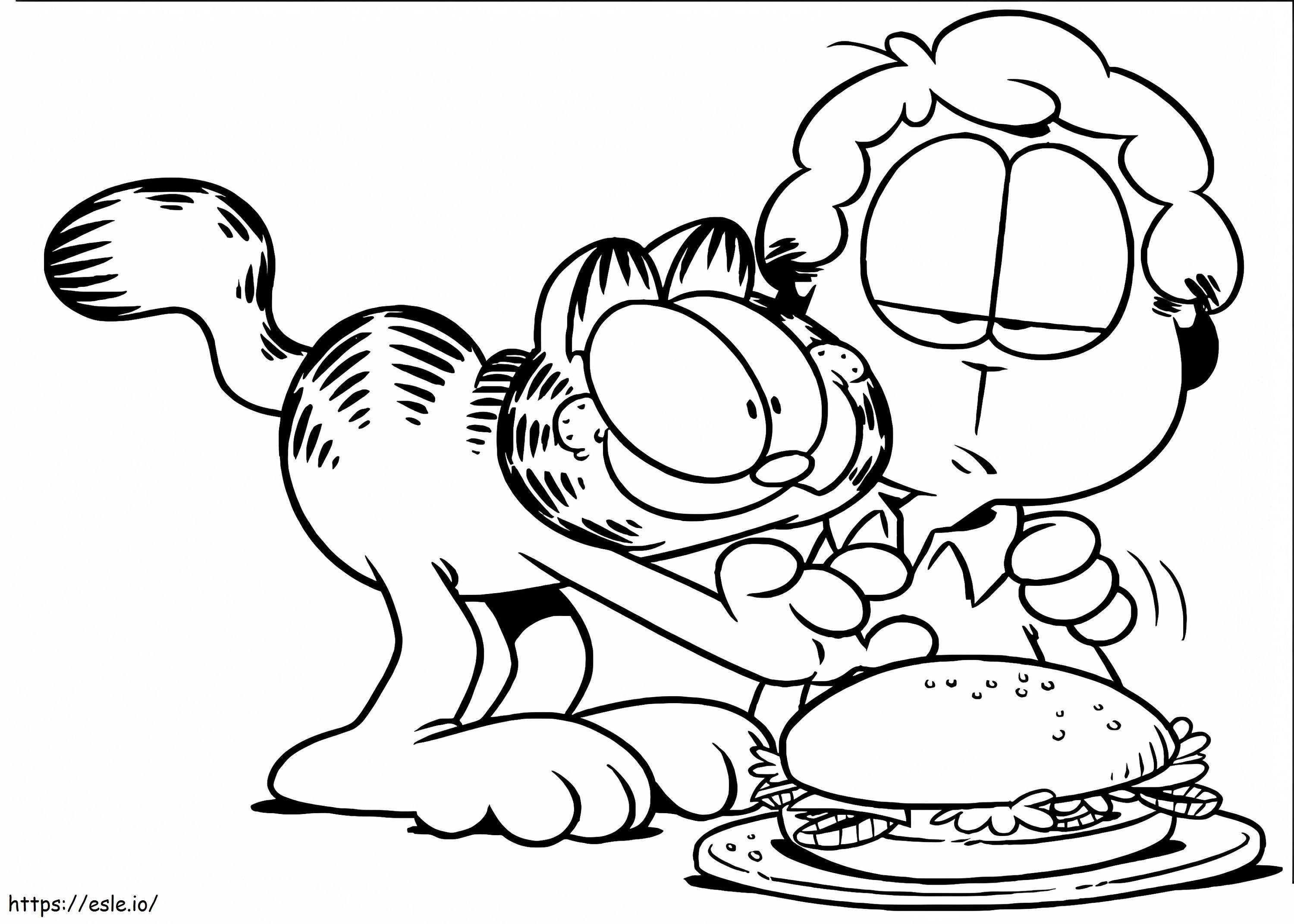 Garfield obraznic și prieten cu hamburger de colorat