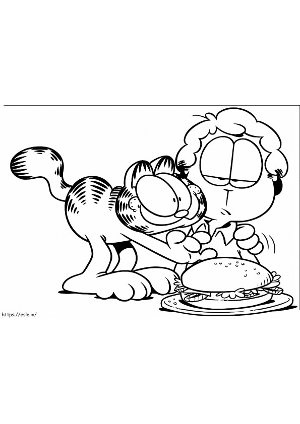 Garfield travieso y amigo con hamburguesa para colorear