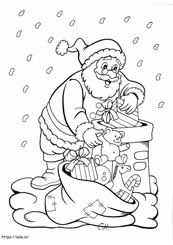 Papai Noel descendo pela chaminé em escala para colorir