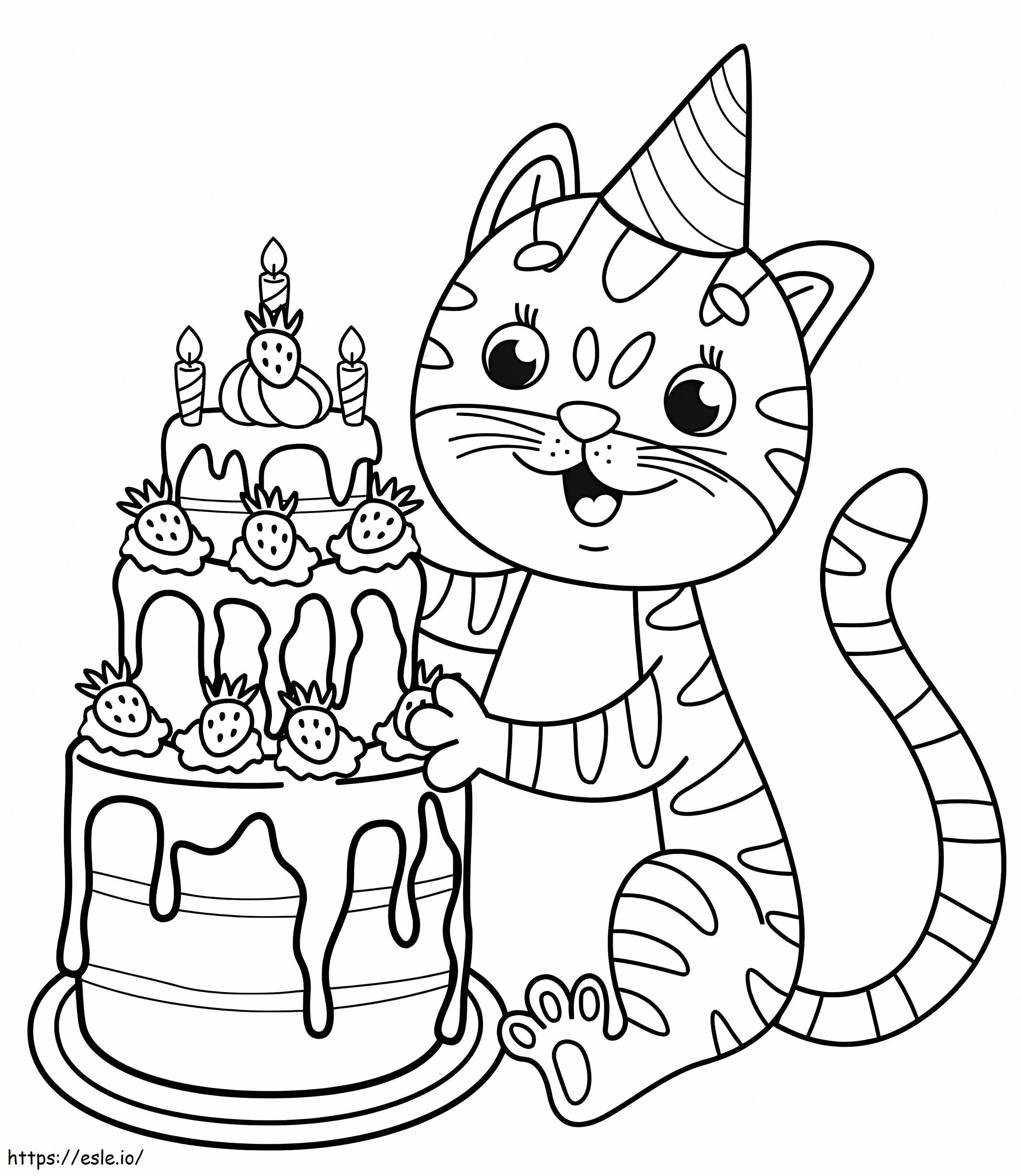 Gato e bolo de aniversário para colorir