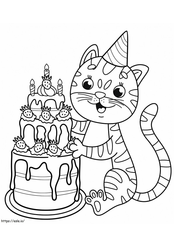 Gato e bolo de aniversário para colorir