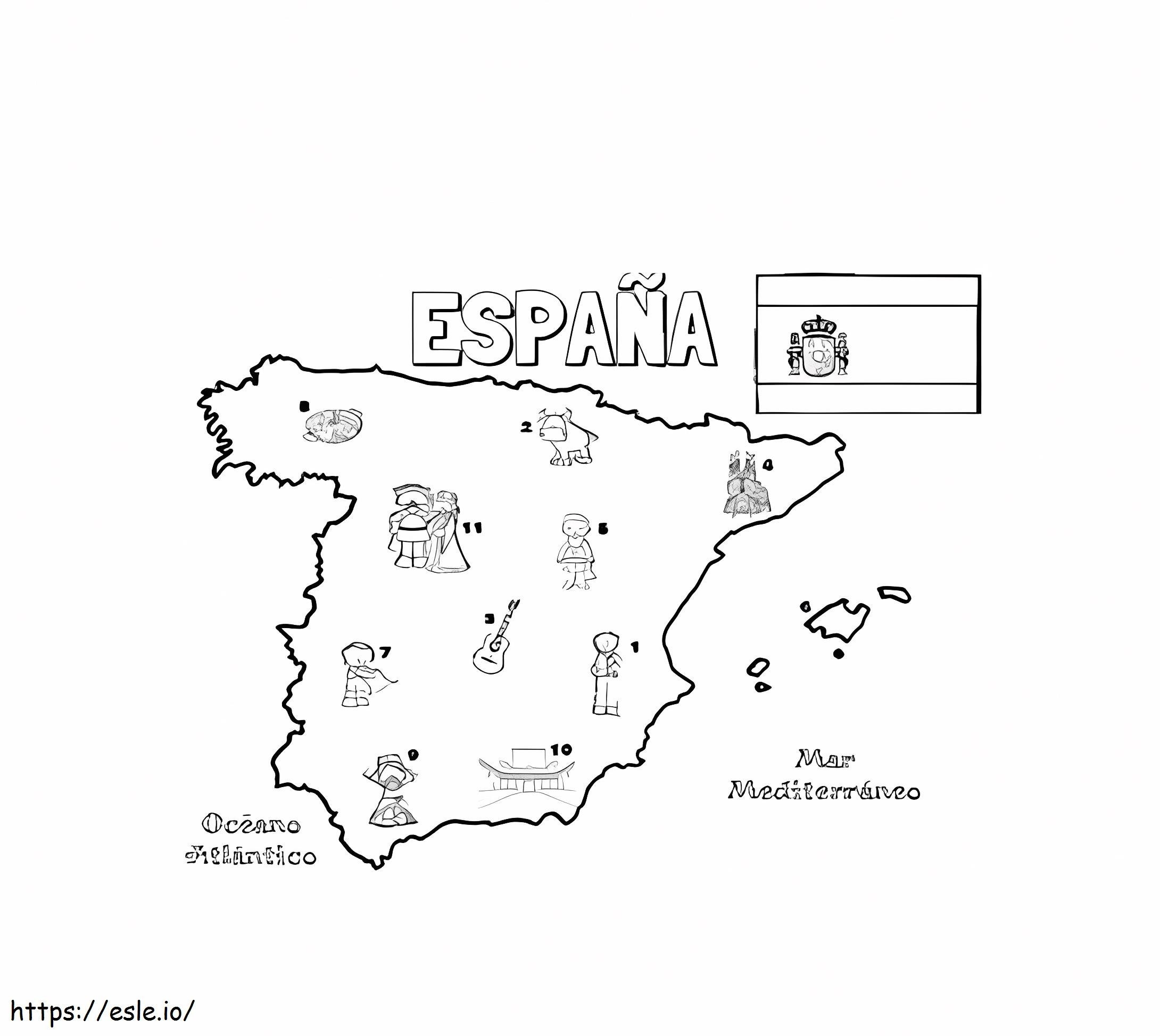 Värillinen Espanjan kartta ilmaiseksi lapsille värityskuva