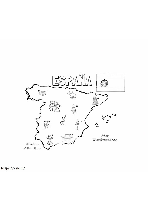 Spanyolország térképe színesre ingyenes gyerekeknek kifestő