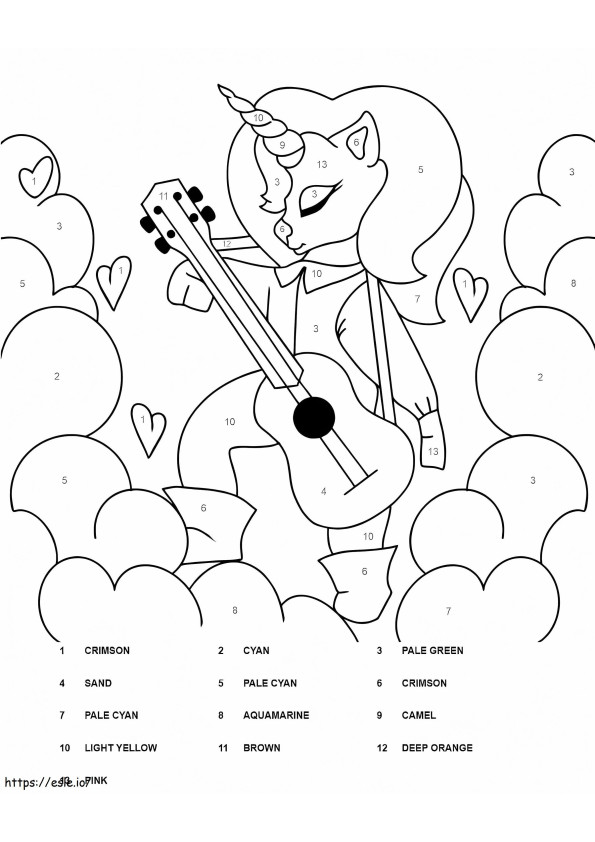 Unicórnio tocando guitarra, cores por número para colorir