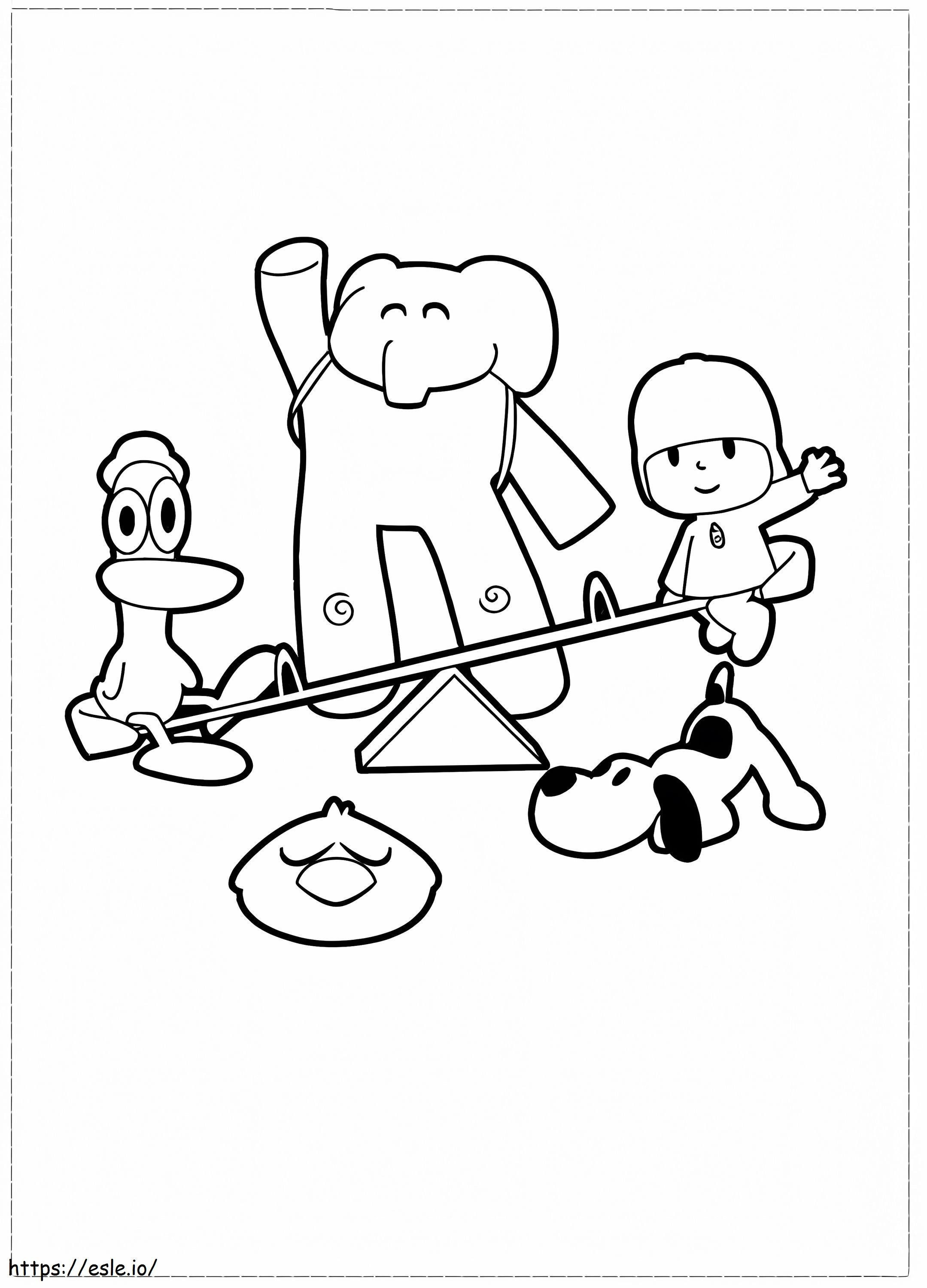 Coloriage Pocoyo et ses amis jouant à la balançoire à imprimer dessin
