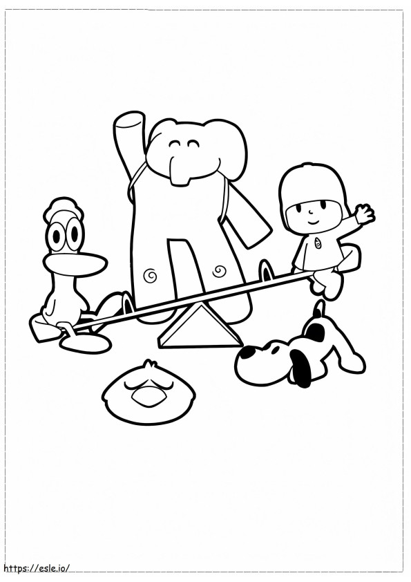 Coloriage Pocoyo et ses amis jouant à la balançoire à imprimer dessin