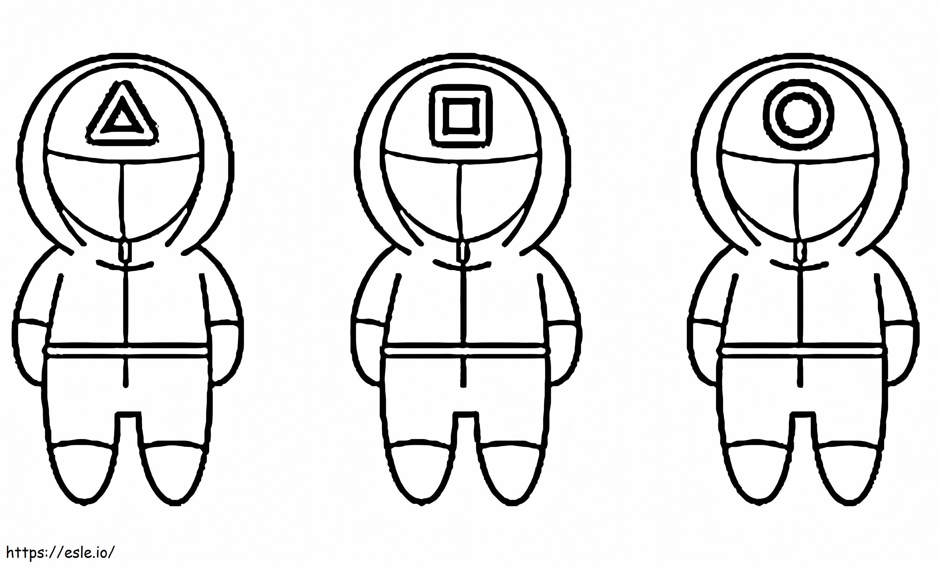 Coloriage Trois personnes portant l'uniforme de la Garde rouge du jeu Chibi Squid à imprimer dessin