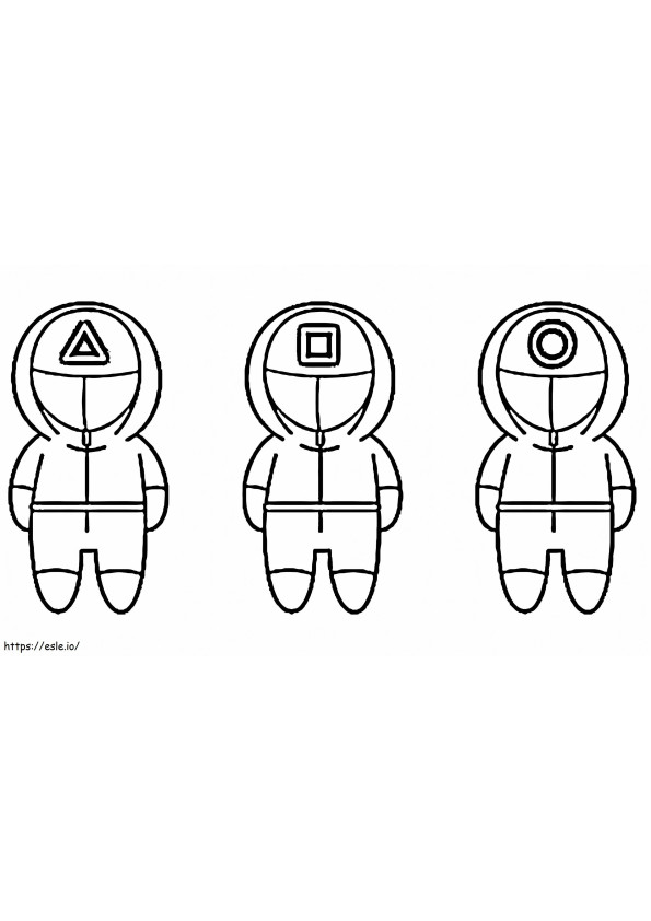 Three People Wearing Red Guard Uniform From Chibi Squid Game coloring page