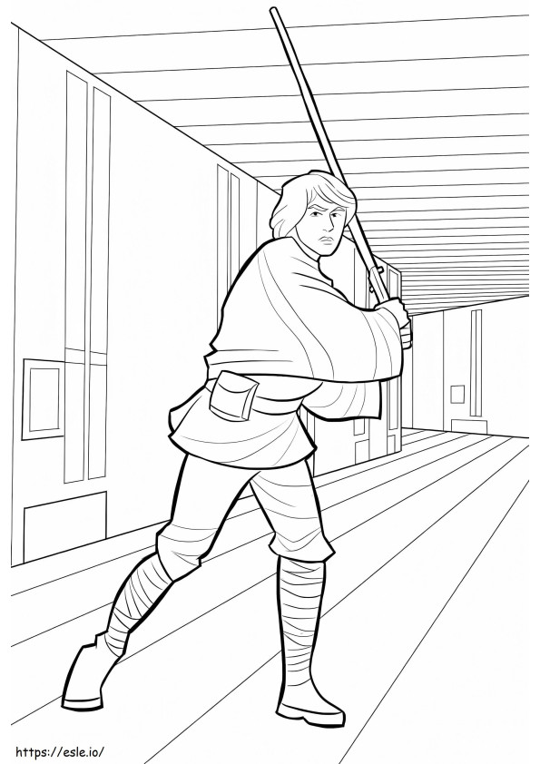 Luke Skywalker ținând în mână o sabie cu laser de colorat
