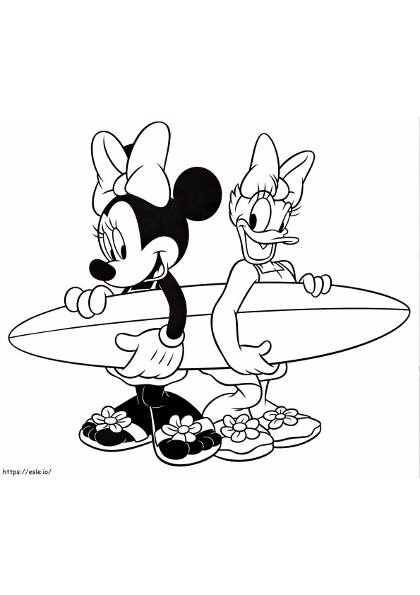 Daisy Duck ja Minnie Mouse surffaavat värityskuva