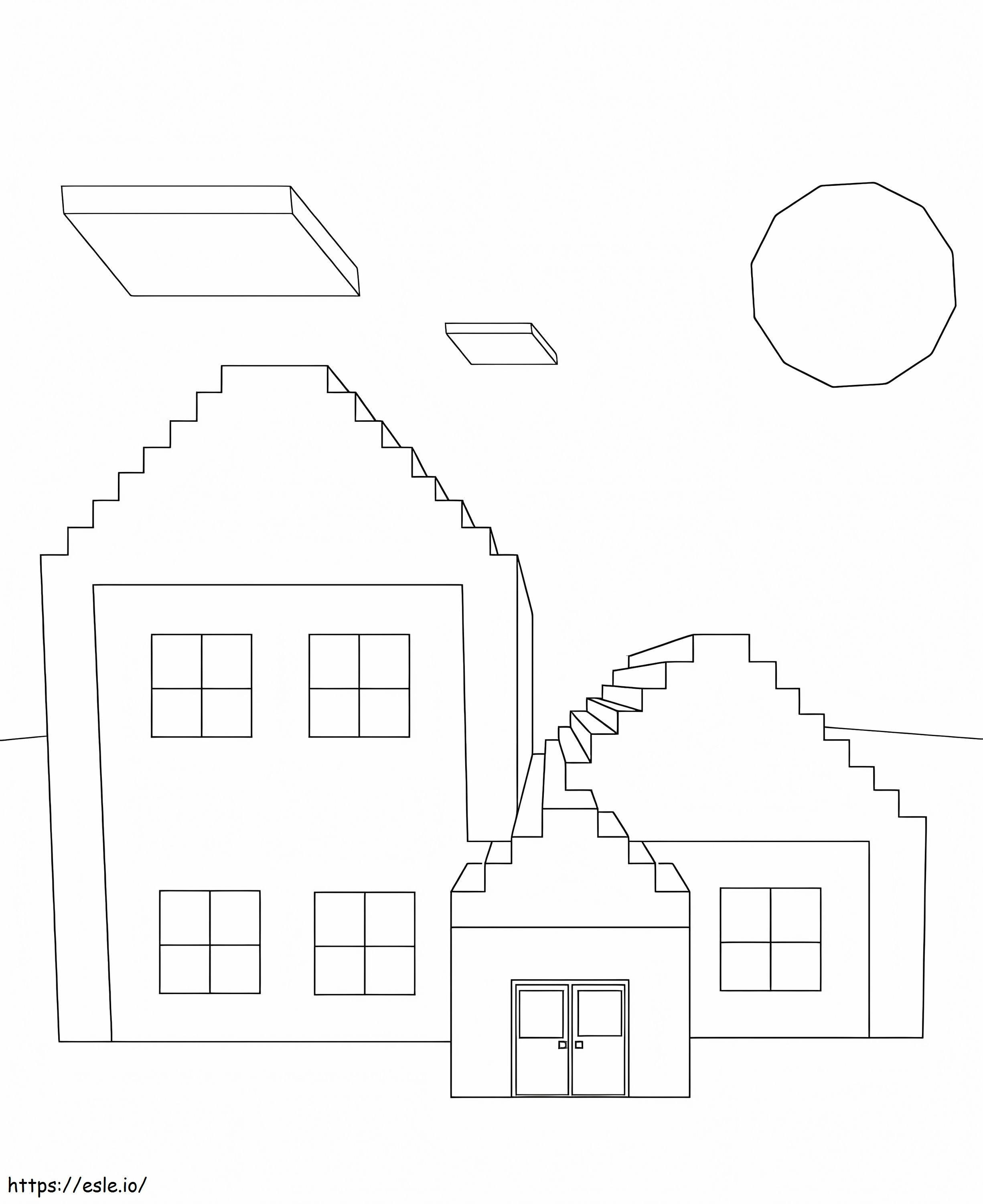 Kolme Minecraft-taloa värityskuva