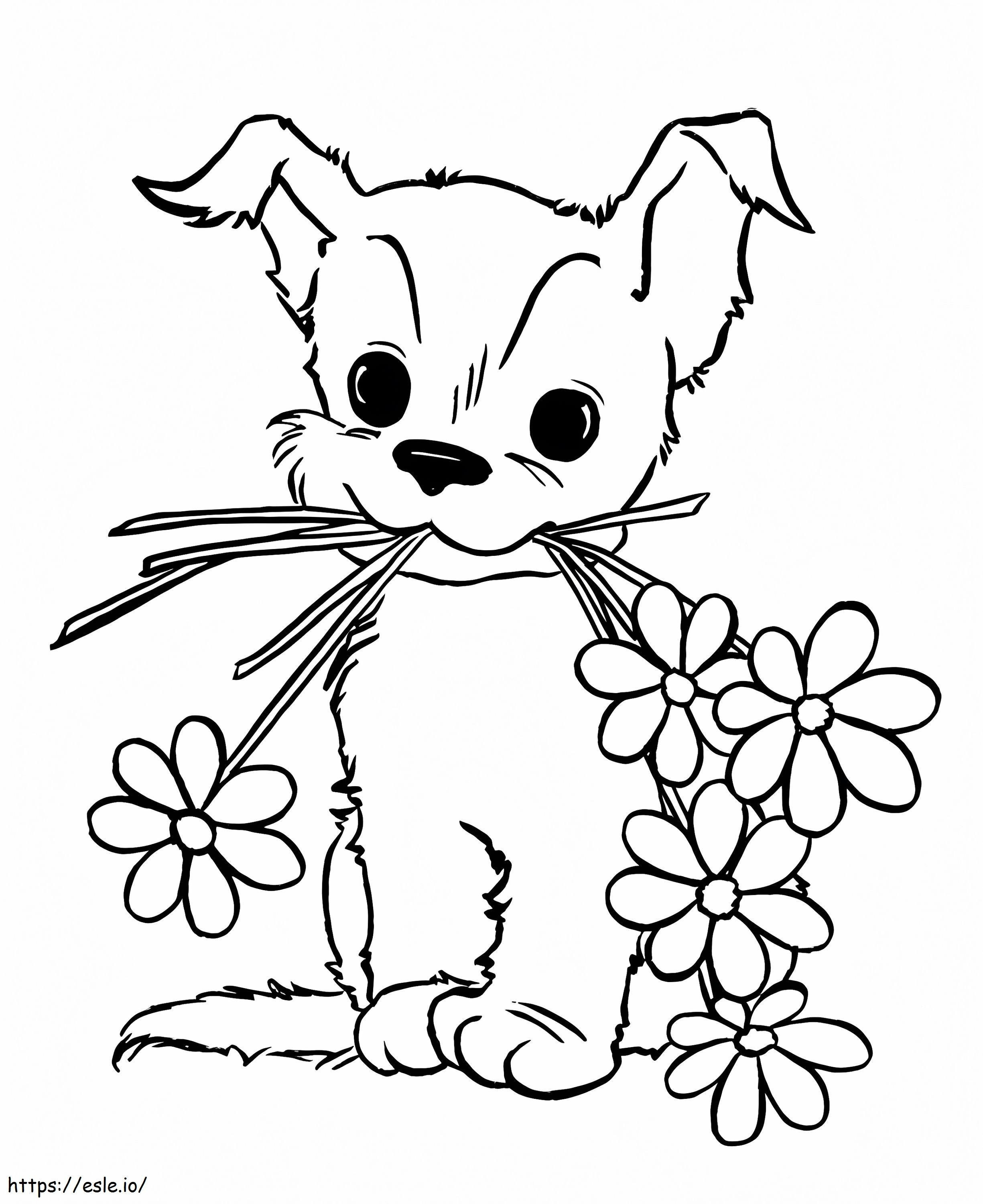 花を持つ子犬 ぬりえ - 塗り絵