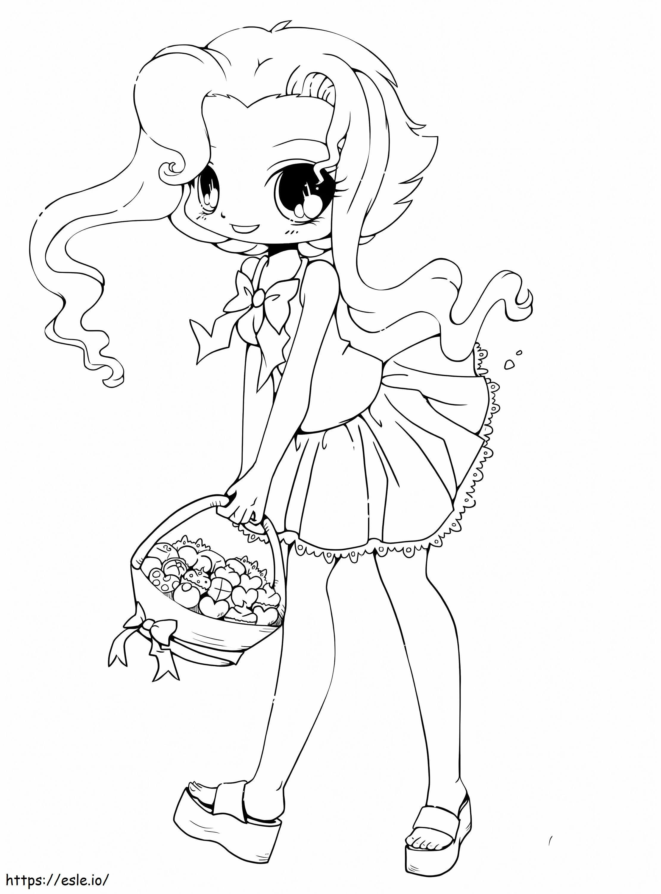 Girl Holding A Basket Of Fruits Kawaii coloring page