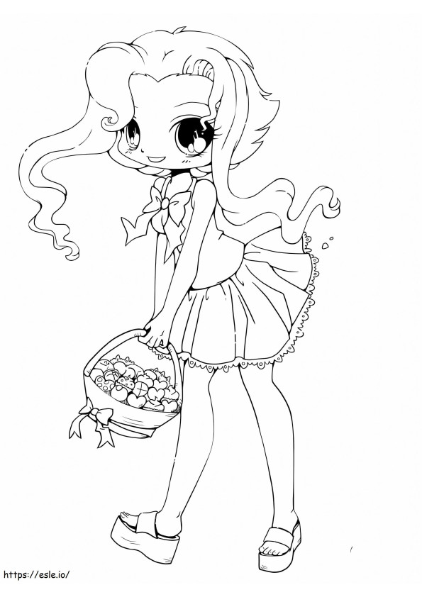 Girl Holding A Basket Of Fruits Kawaii coloring page