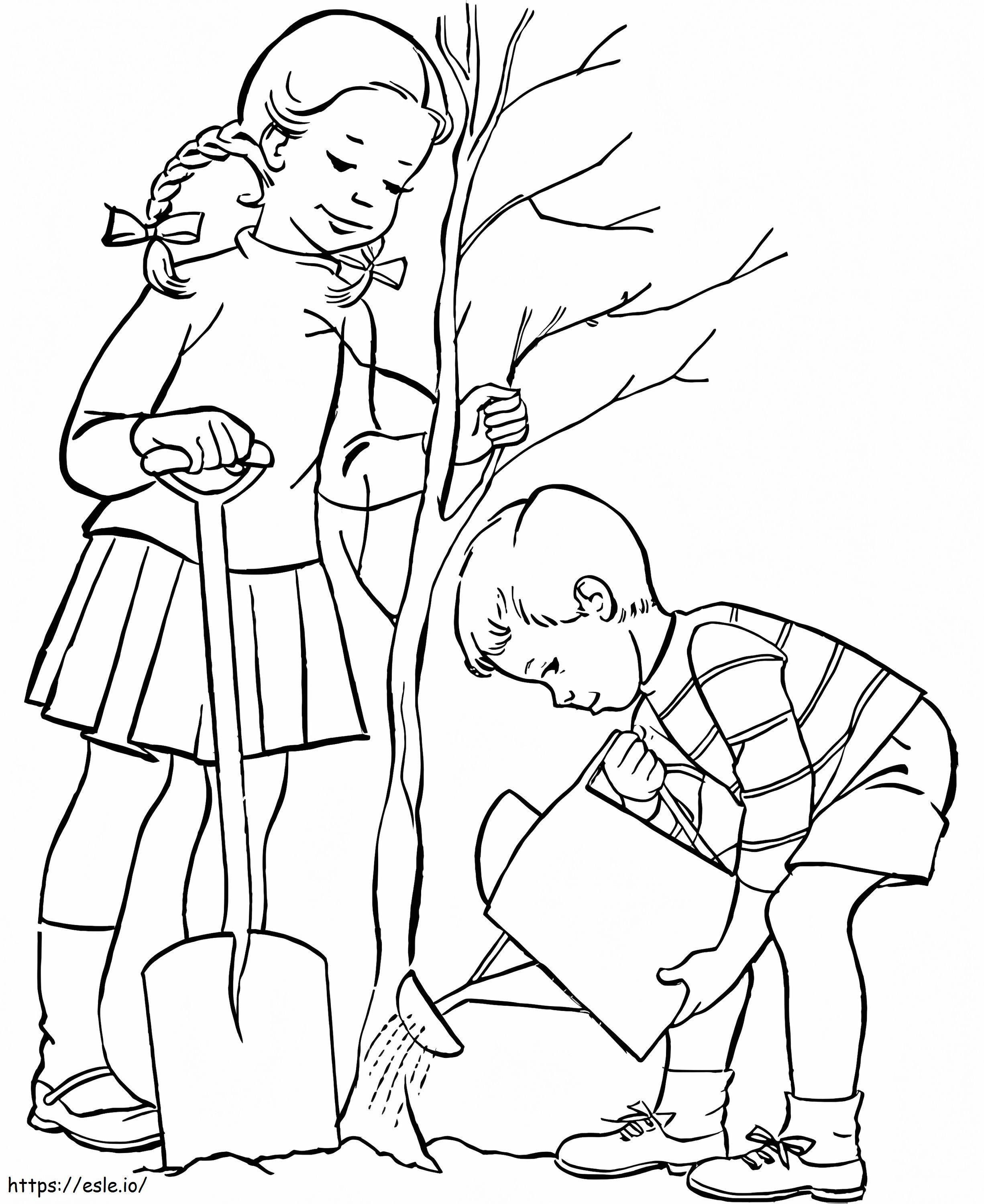 Lapset istuttavat puuta värityskuva