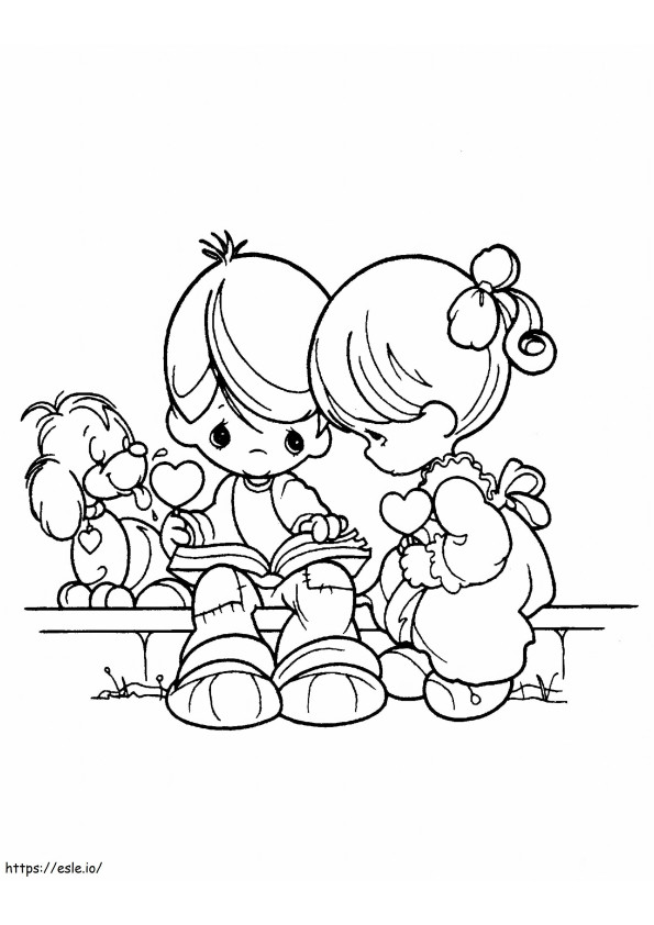 Chłopiec i dziewczynka czyta książkę kolorowanka