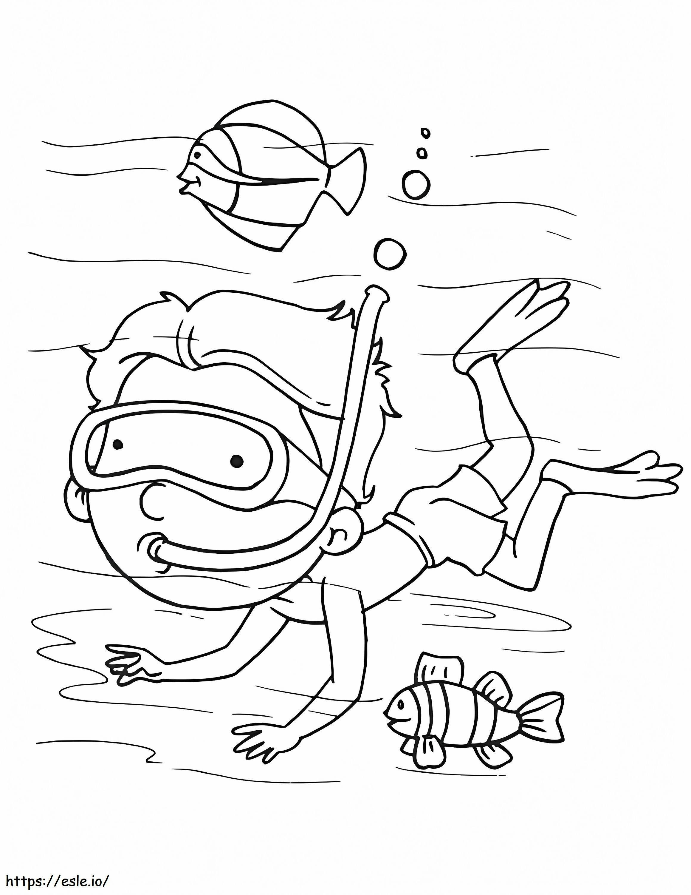 Coloriage Garçon plongeant avec deux poissons à imprimer dessin