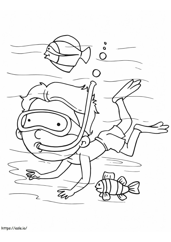Coloriage Garçon plongeant avec deux poissons à imprimer dessin