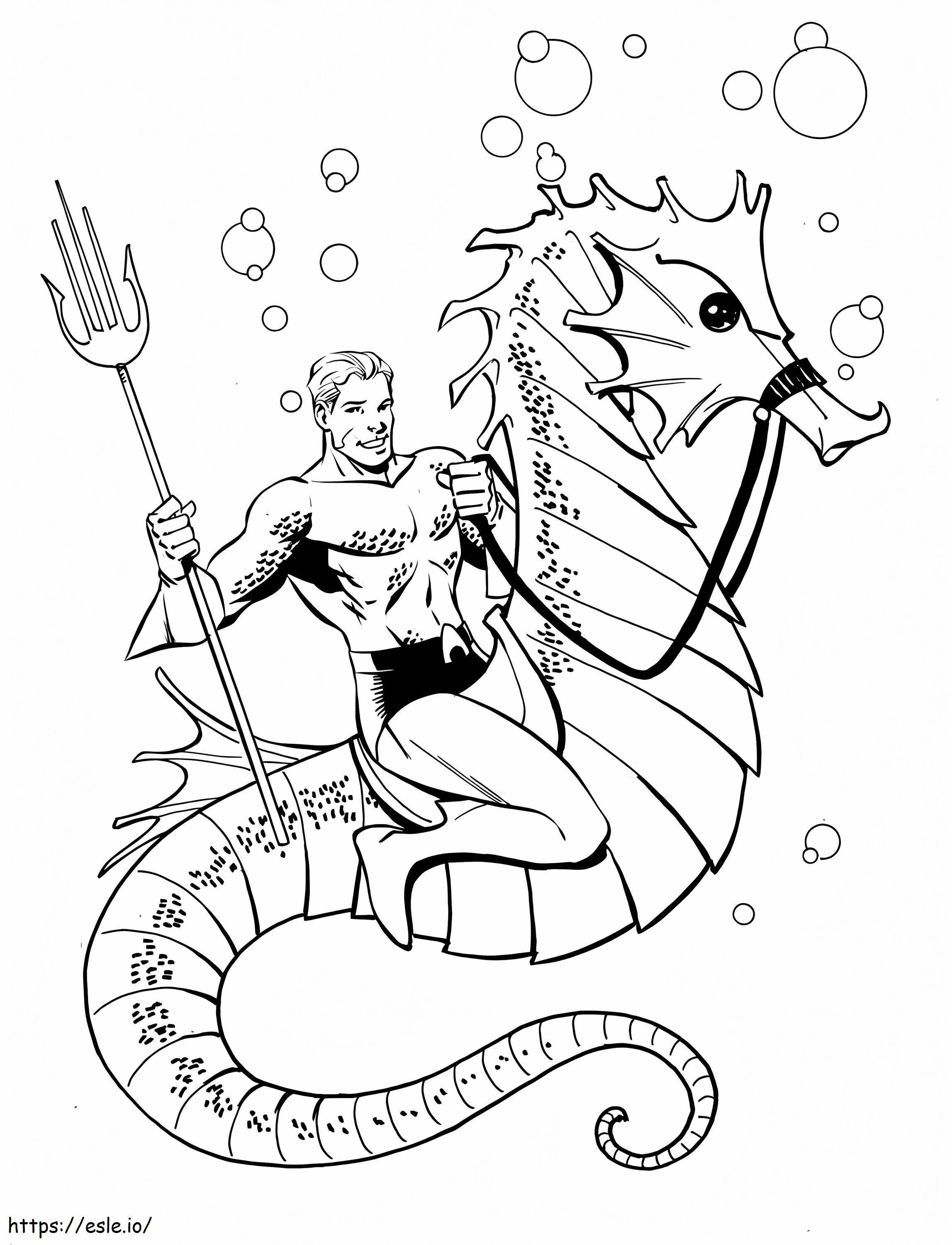 Aquaman montando caballito de mar para colorear