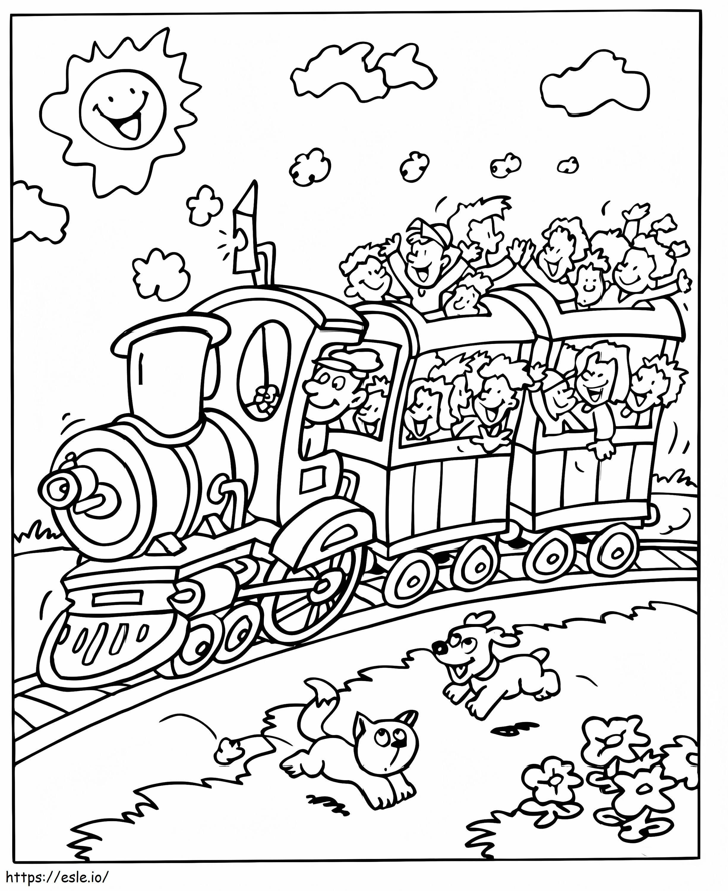 Lapset junassa värityskuva