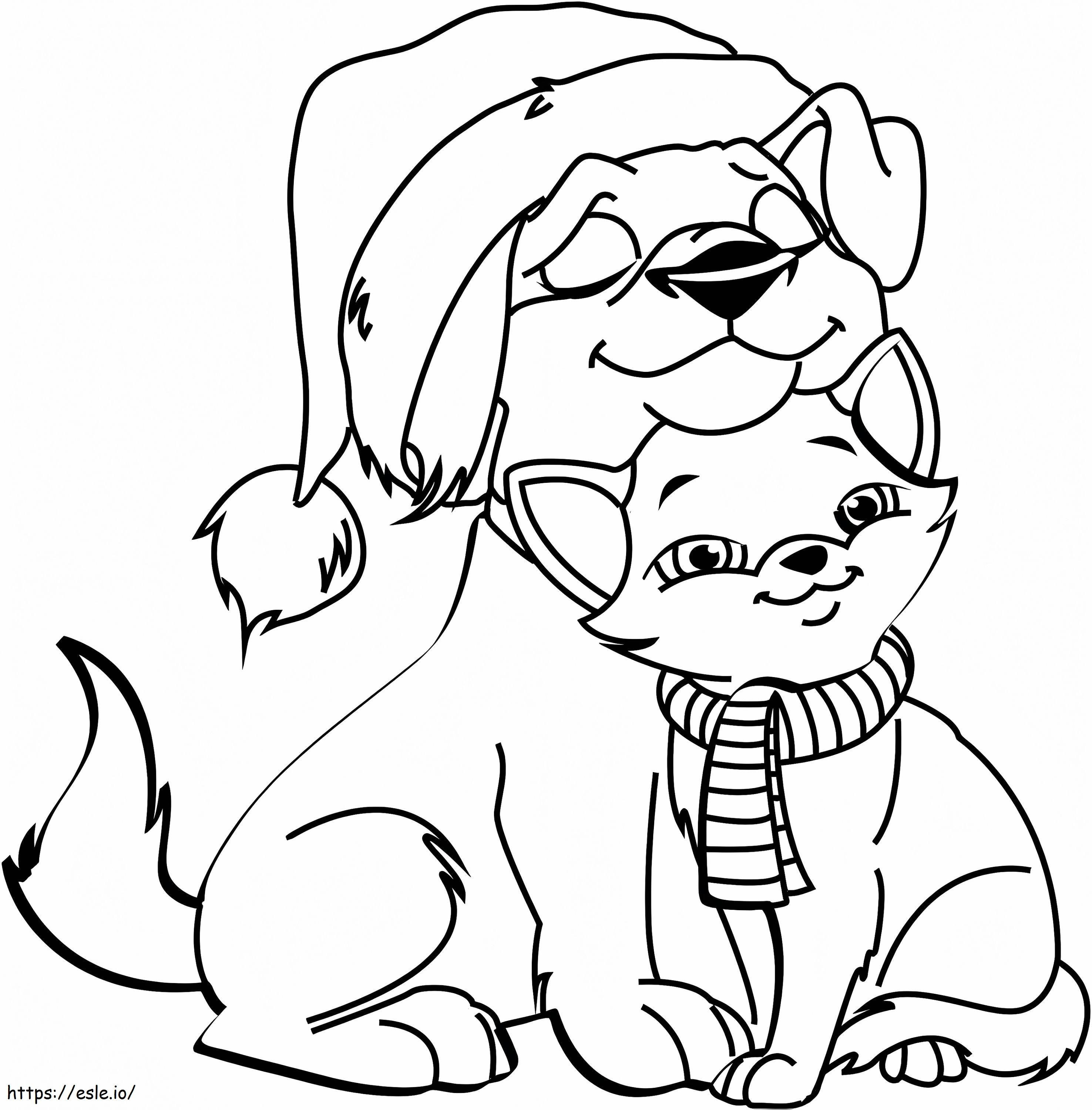 Câine și pisică de Crăciun de colorat