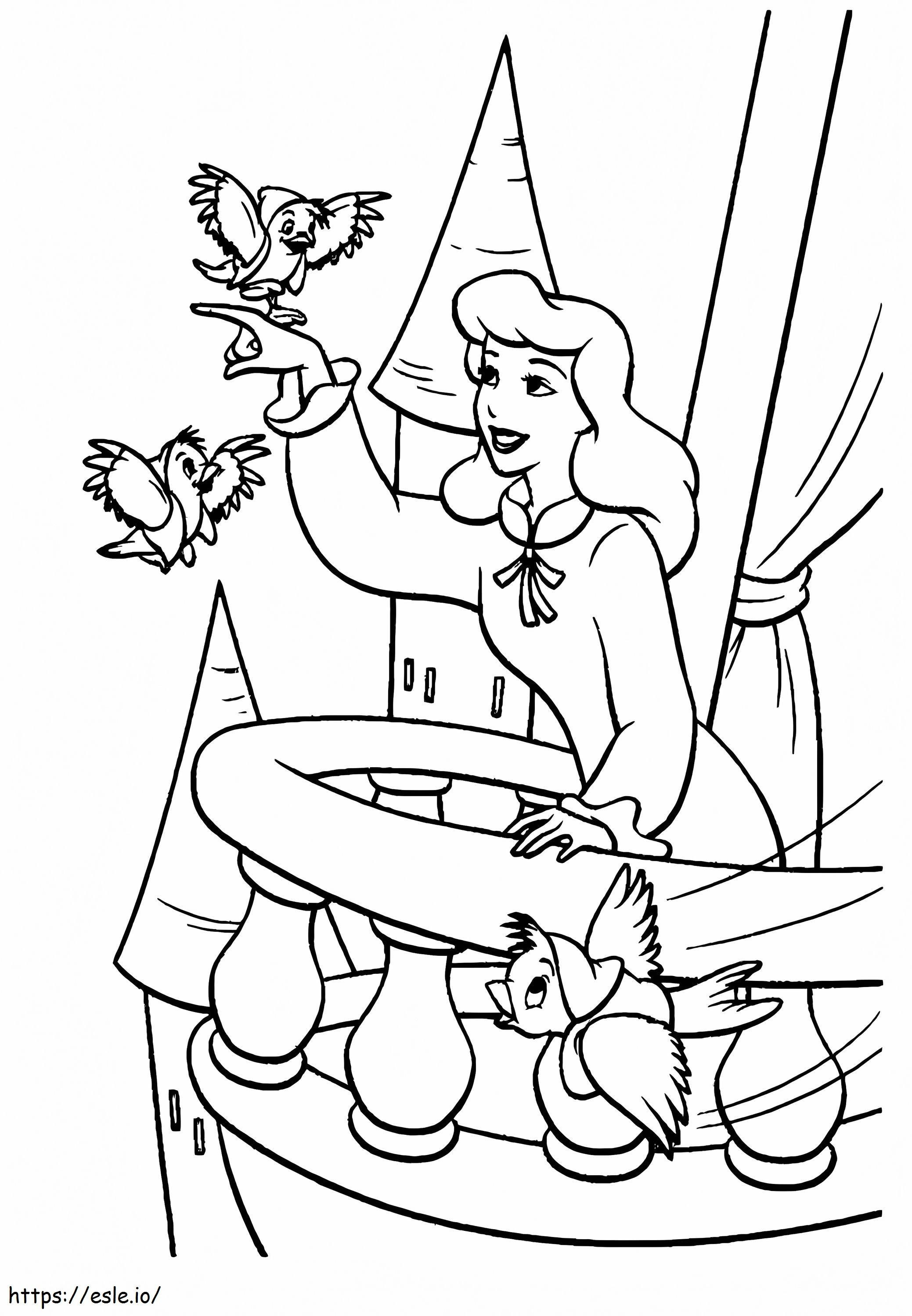 Cinderella And Birds Friends coloring page