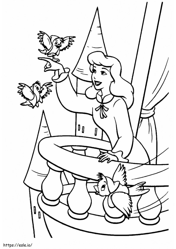Cinderella And Birds Friends coloring page