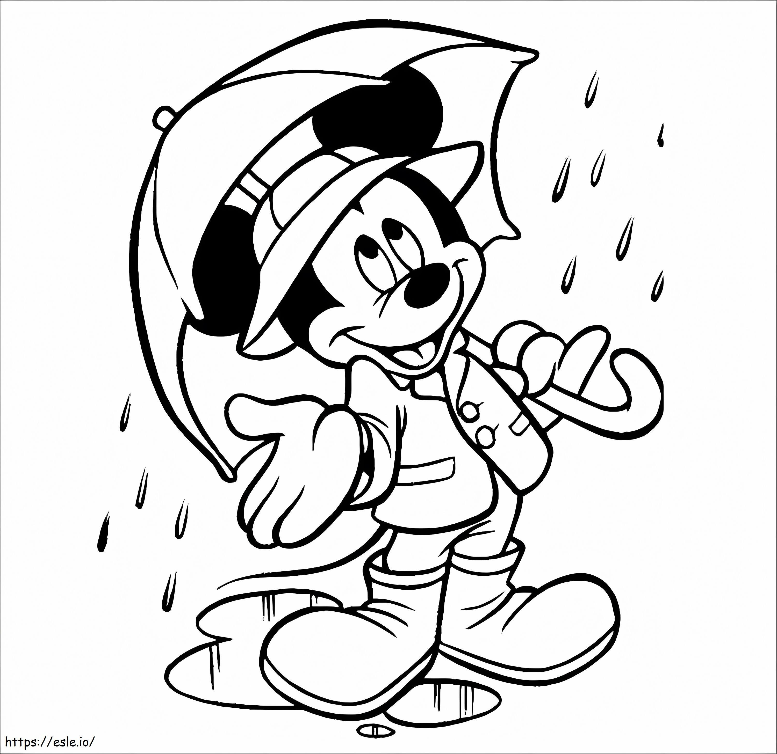 Mickey Mouse hält einen Regenschirm im Regen ausmalbilder