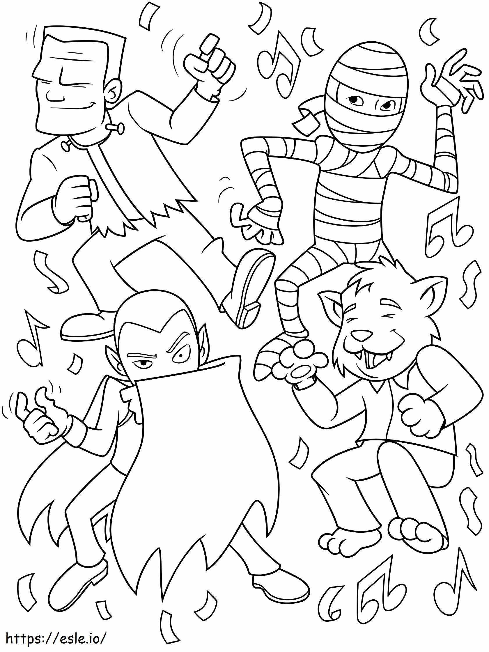 Cuatro monstruos bailan en una fiesta para colorear