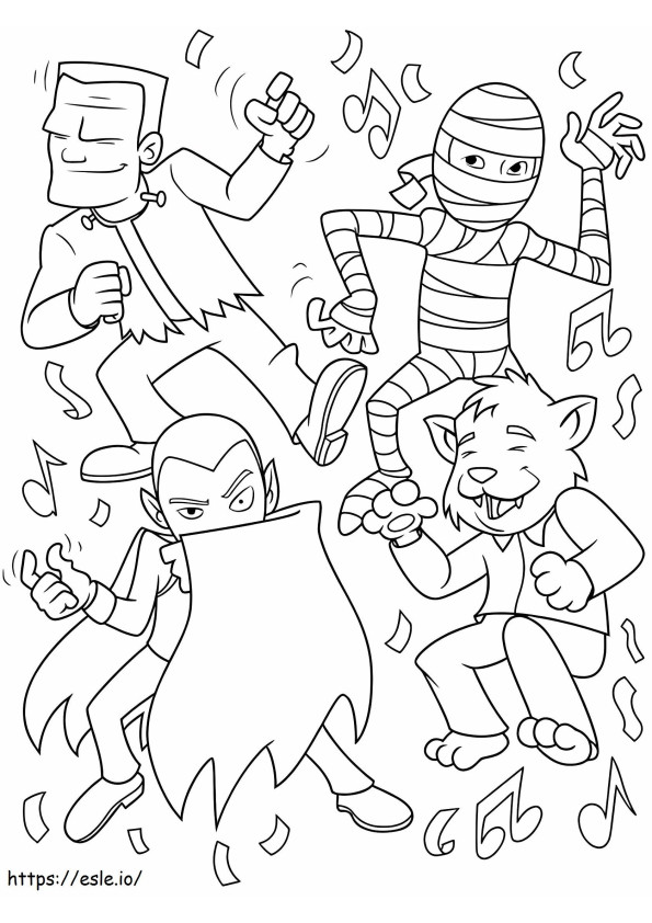 Quatro monstros dançam em uma festa para colorir