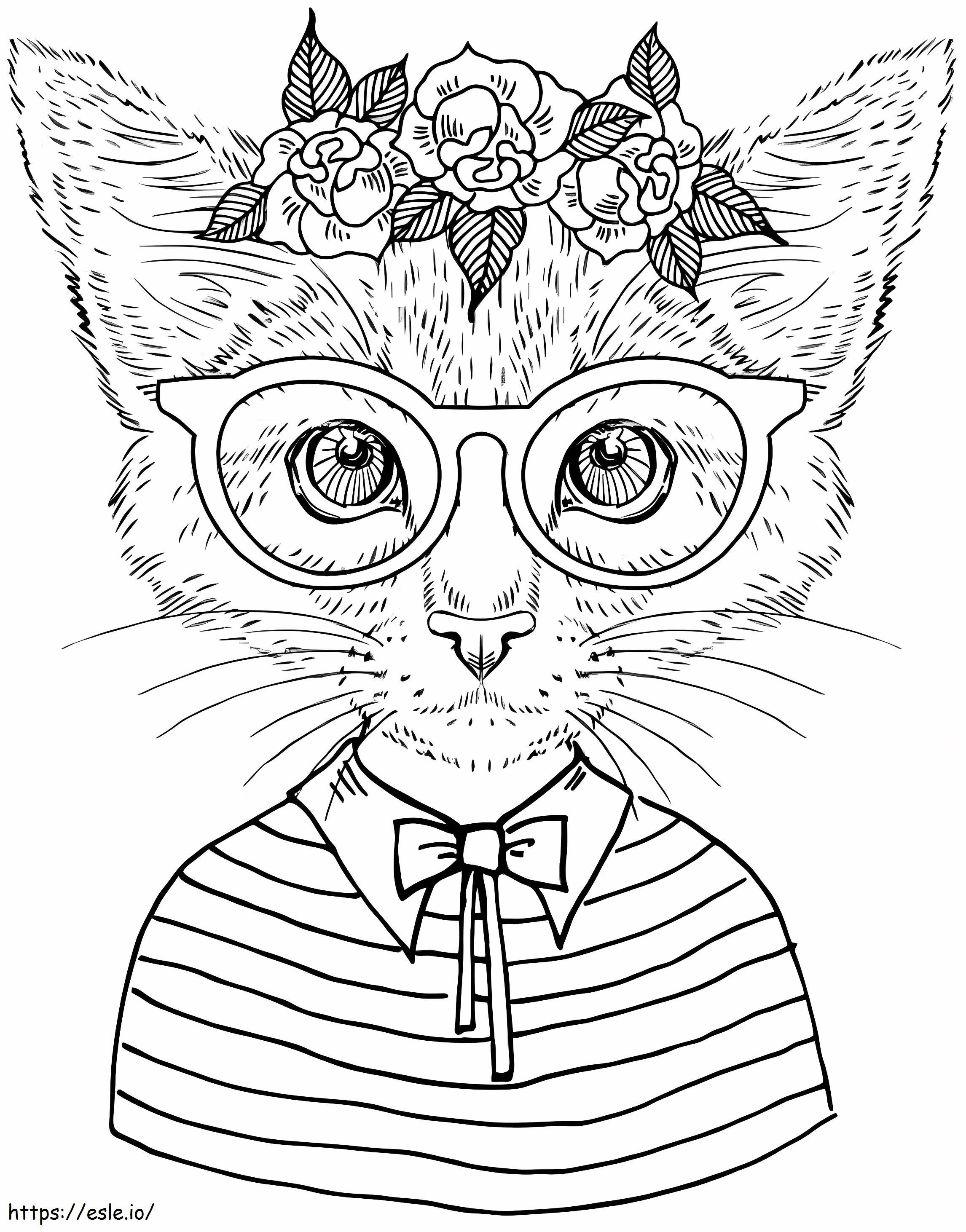 Coloriage Portrait de chat avec des fleurs à imprimer dessin