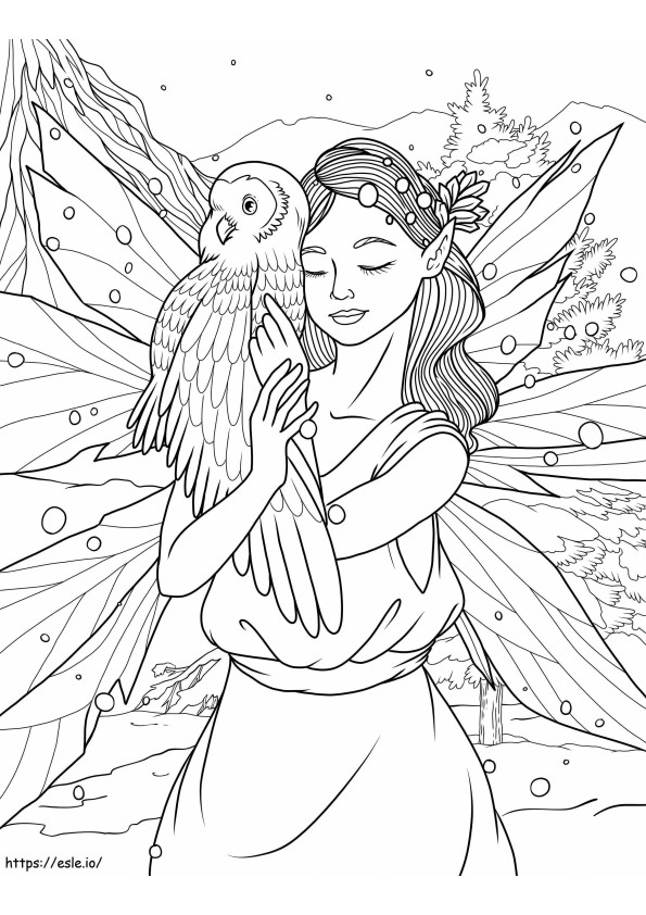 Fairy Hugging Eagle coloring page