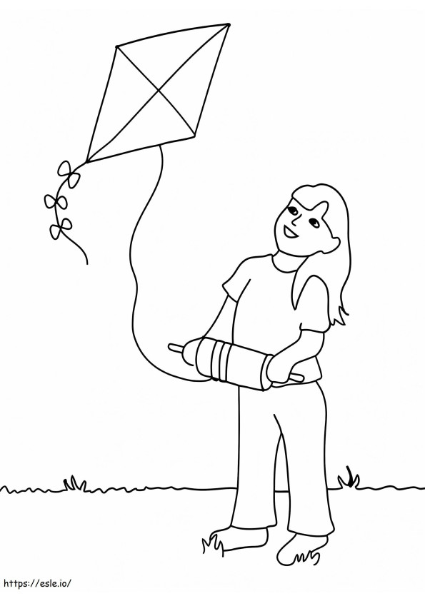 niña volando una cometa para colorear