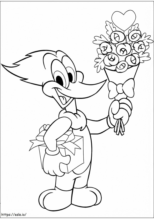 Woodpecker Holding A Rose And A Gif Box coloring page