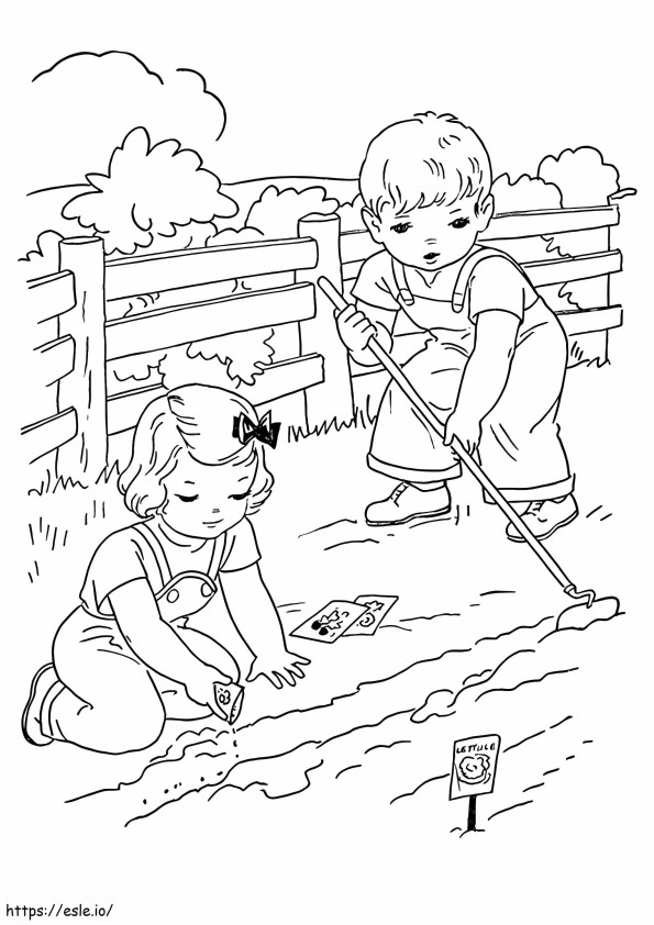Dos niños cultivando para colorear