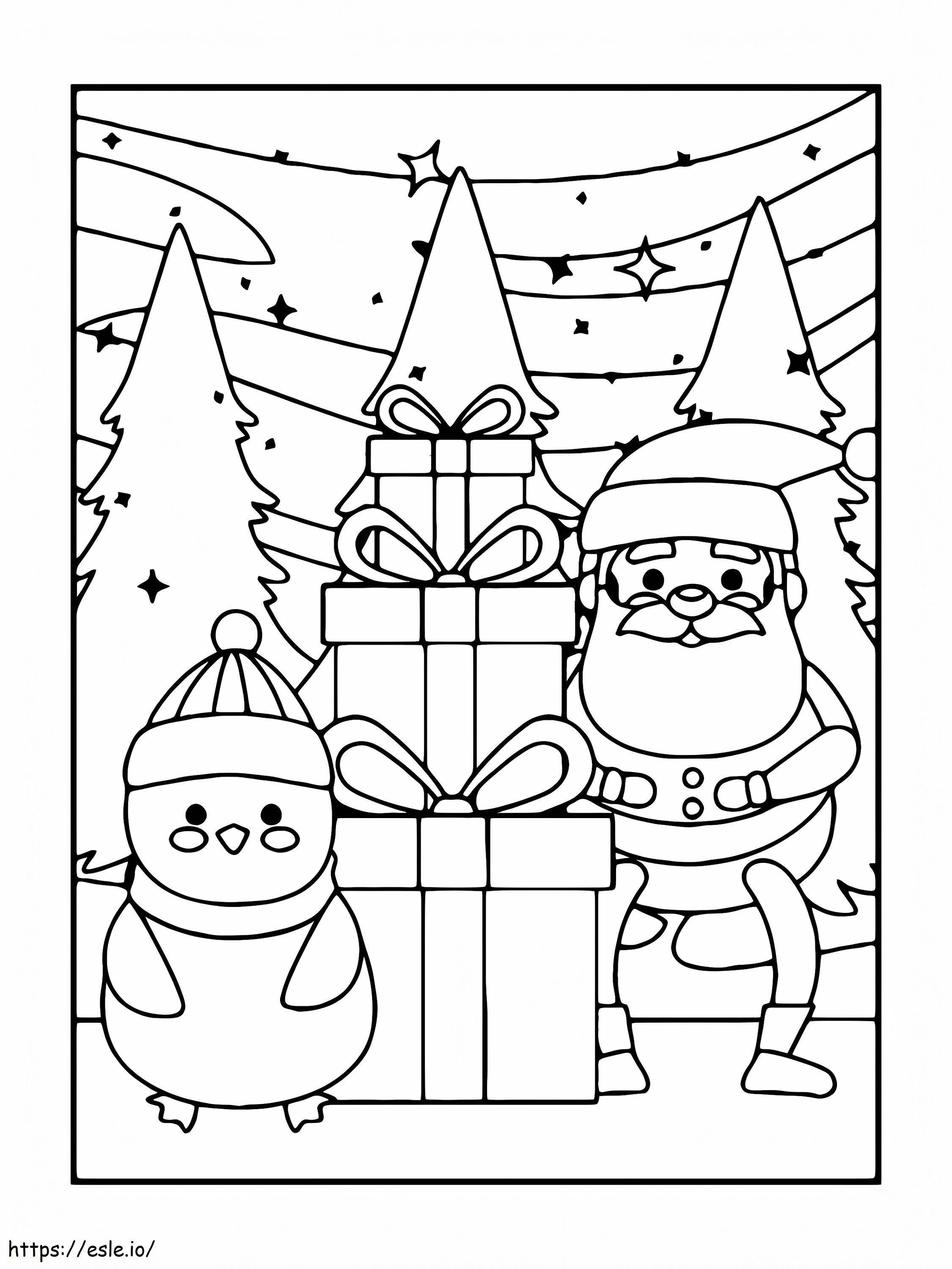 Joulupukin lahja ja lumiukko värityskuva