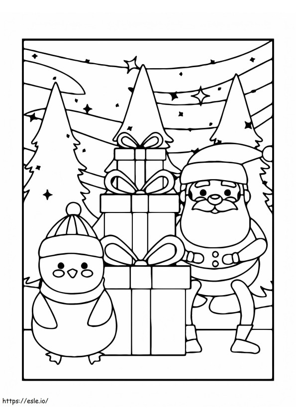 Coloriage Cadeau du Père Noël et bonhomme de neige à imprimer dessin