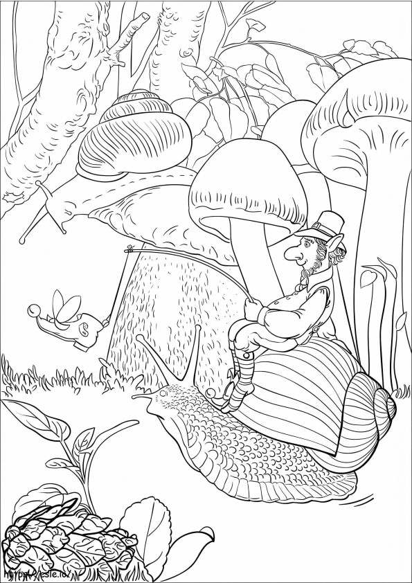 Coloriage Escargot chevauchant un lutin à imprimer dessin