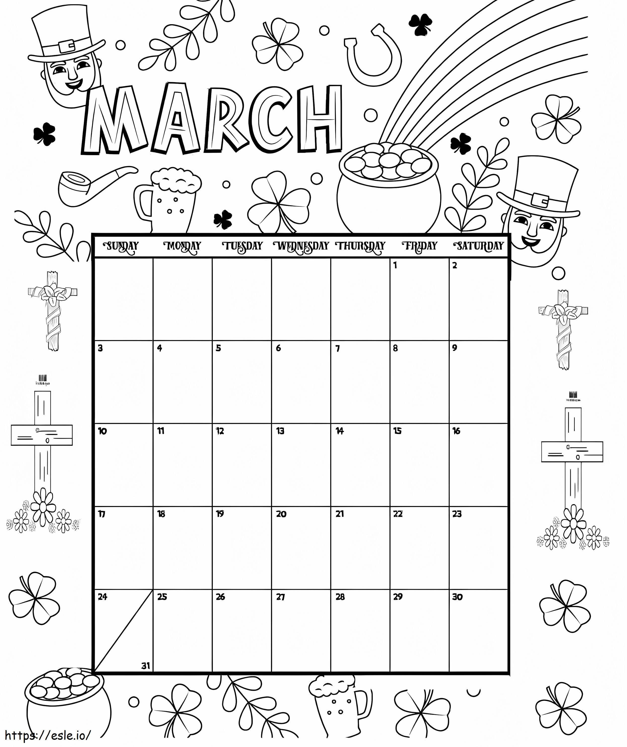 Calendário de março para colorir