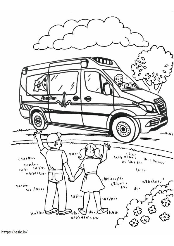 Coloriage Les deux enfants ont accueilli une ambulance à l'échelle à imprimer dessin