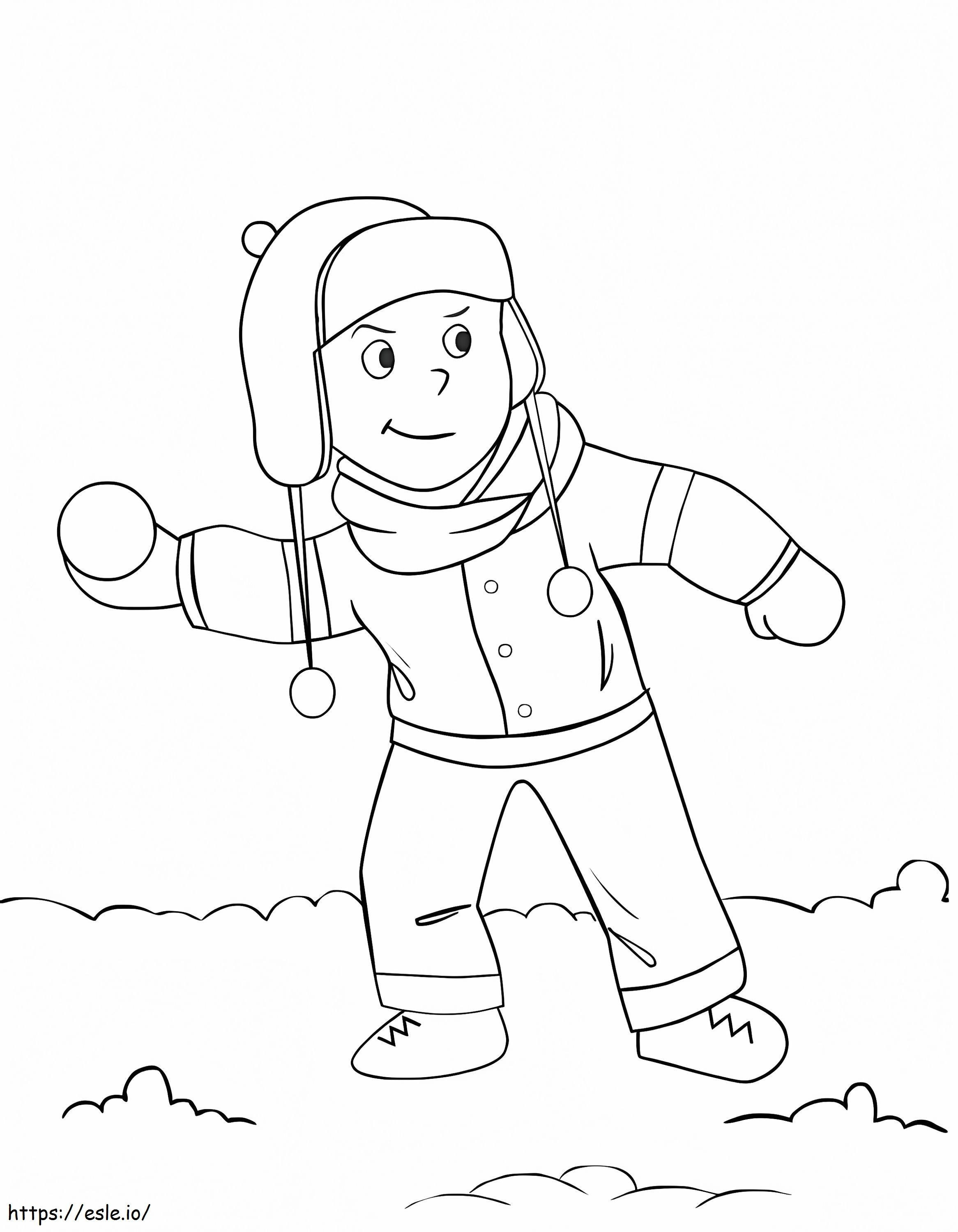 Um menino em uma luta de bolas de neve para colorir